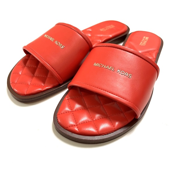 NWOB MICHAEL KORS Quilted Slide Sandal Signature Logo Orange Red PU - Picture 2 of 11